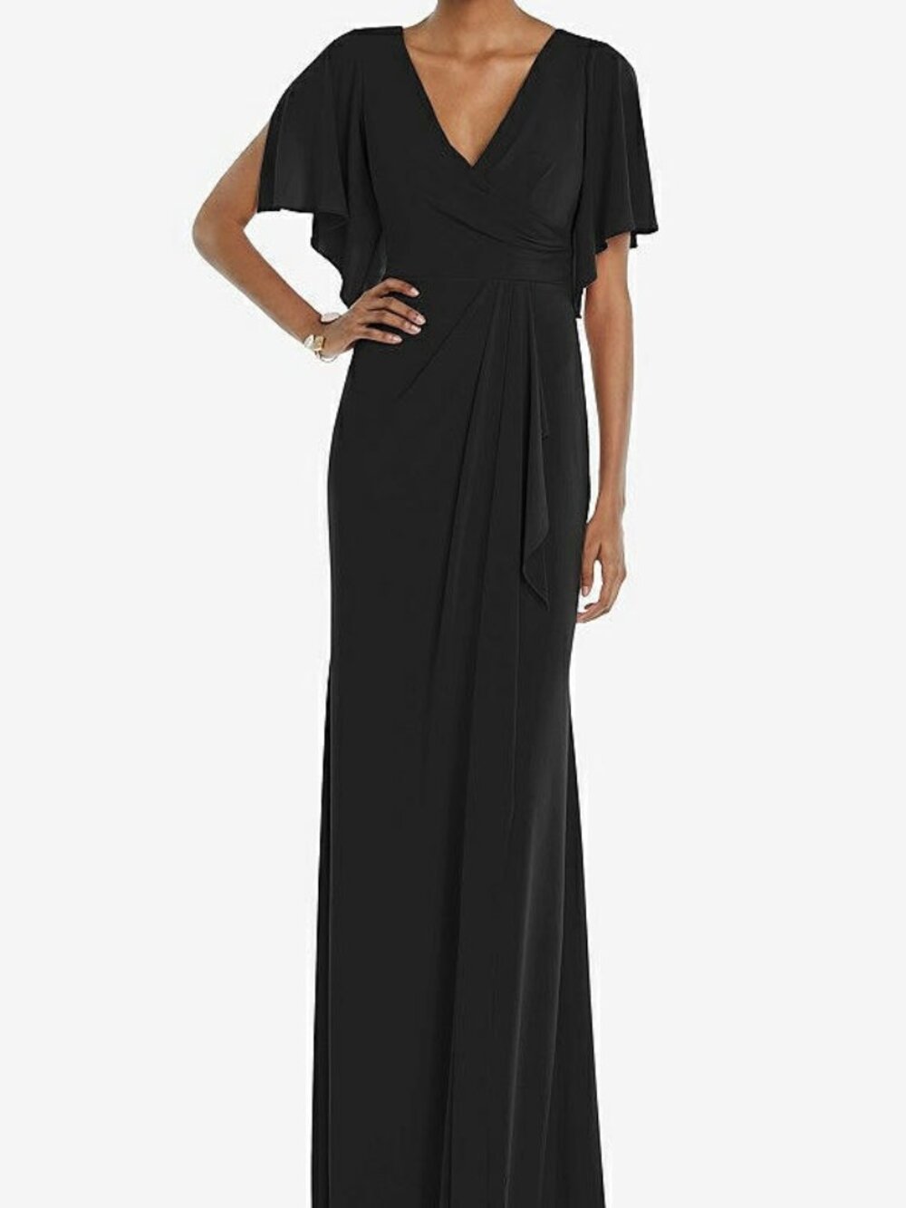Dessy 3107...Faux Wrap split sleeve Maxi dress with Cascade Skirt...Black..Sz M